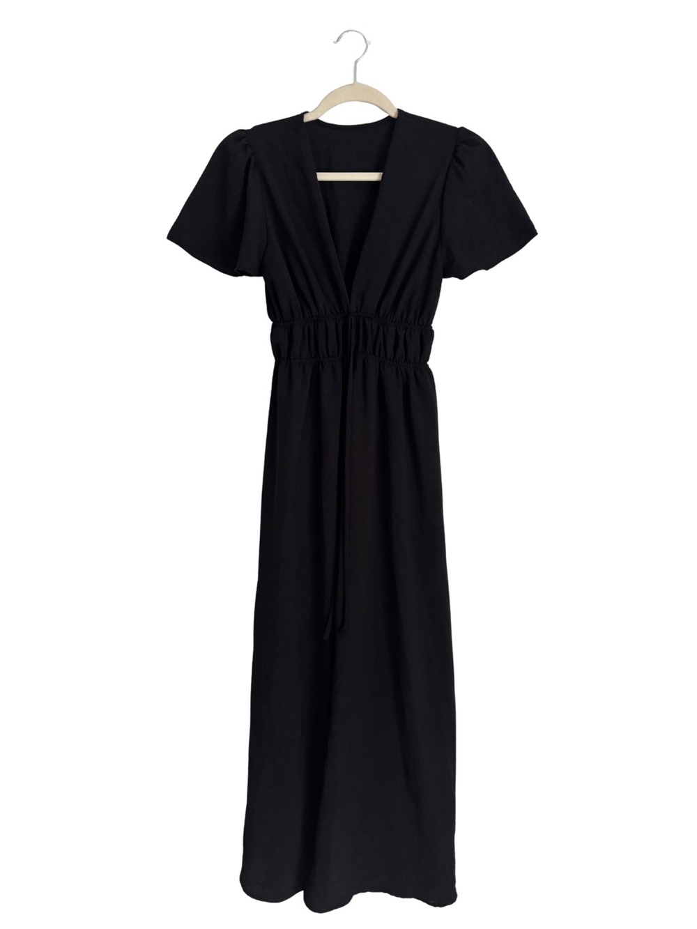 Women's Black V-Neck Maxi Dress with Elastic Waist